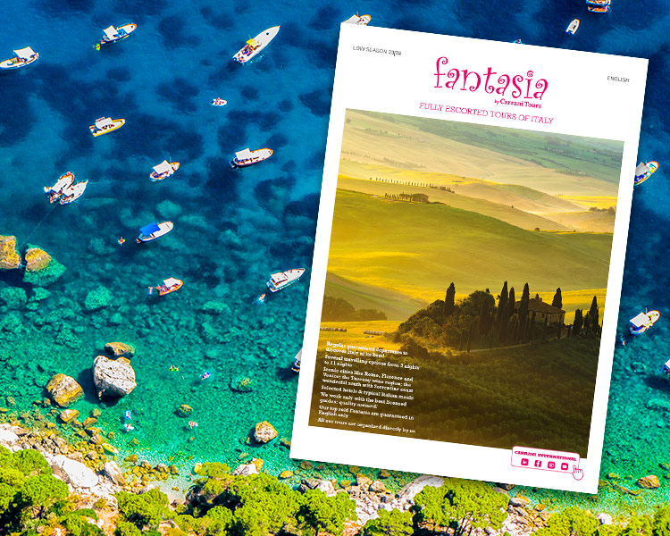 Fantasia catalogue featuring Italy tours, colorful boats on clear sea and Tuscan hills.