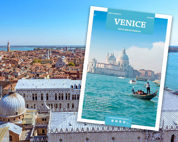 Cover of the Venice visits and excursions catalog, featuring a panoramic view of the city and a gondola on the water.