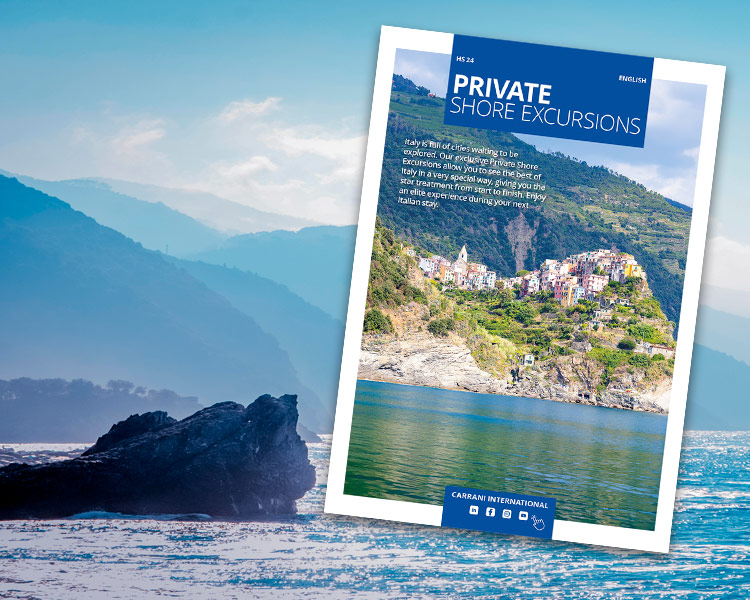 Carrani Tours private shore excursions catalog showcasing a scenic Cinque Terre village.